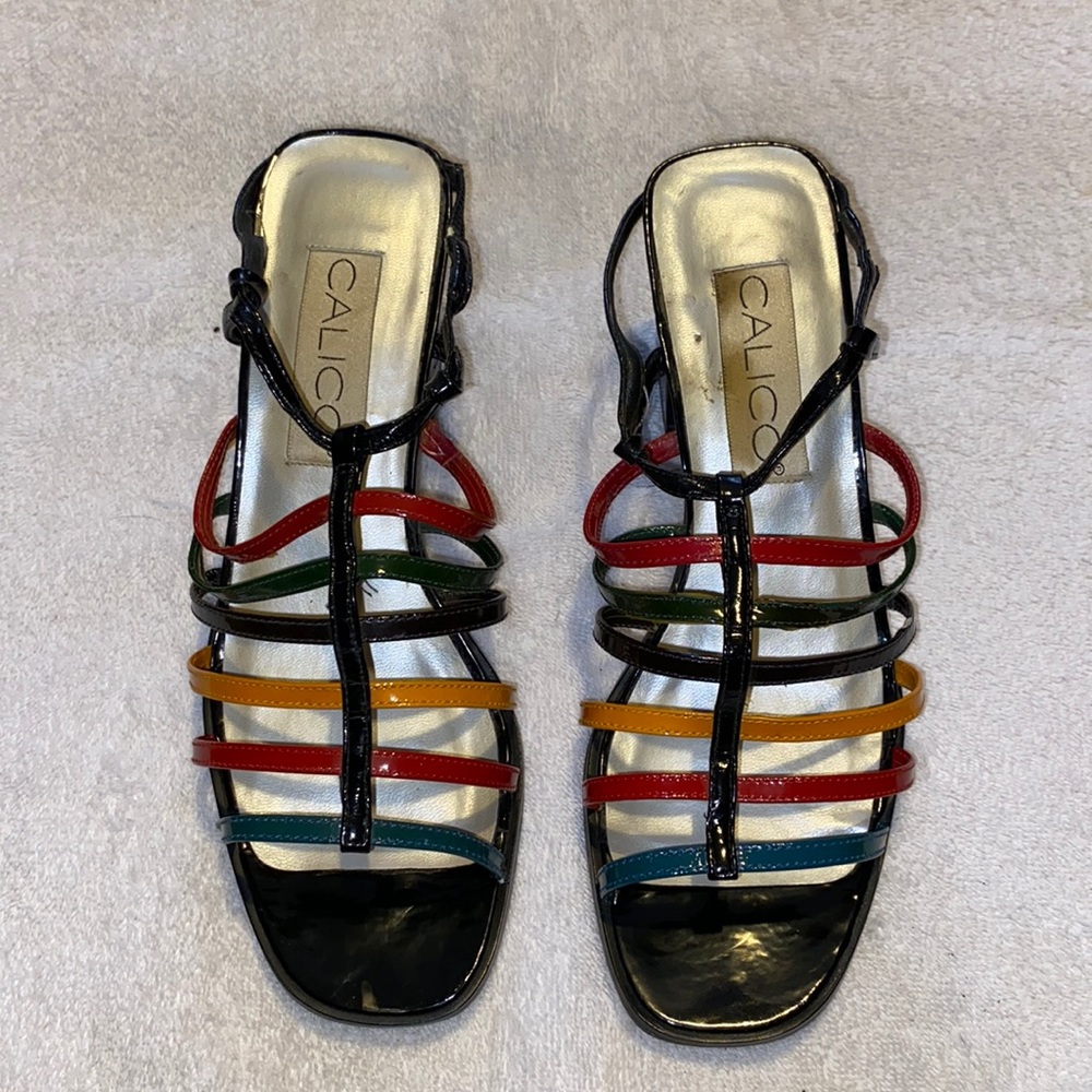 Calico rainbow colored strappy heels vintage